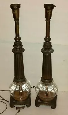 2 Vtg Pillar Table Lamps Signed L&LMC Pressed Glass Globe Bronze Lights • $57.50
