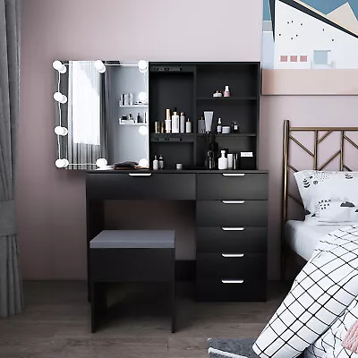 Black Makr Up Table 6 Pumps 2 Shelves Mirror Cabinet 3 Tone Light Bulb • $318.96