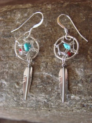 $13.99 • Buy Navajo Indian Sterling Silver Turquoise Coral Dreamcatcher Feather Earrings! ...
