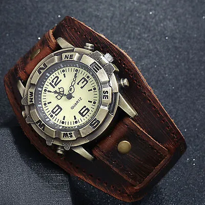Vintage Retro Leather Cuff Bracelet Wide Band Steampunk Mens Quartz Wrist Watch • $13.99