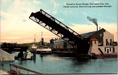 Postcard Franklin Street Bridge Partly Lowered In Michigan City Indiana • $6