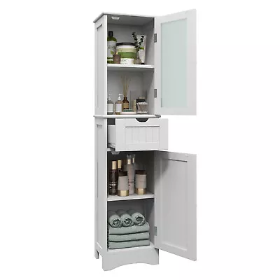 Costway Bathroom Tall Cabinet Freestanding Linen Tower W/ Drawer & Doors White • $149