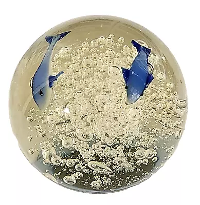 Vintage Blue Dolphin Fish Controlled Bubbles Paperweight Murano Style 2 1/4  • $18