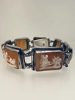 Vintage Shell Cameo Sterling Silver Rectangle Bracelet Chariots 1920s 6 1/2  • £150