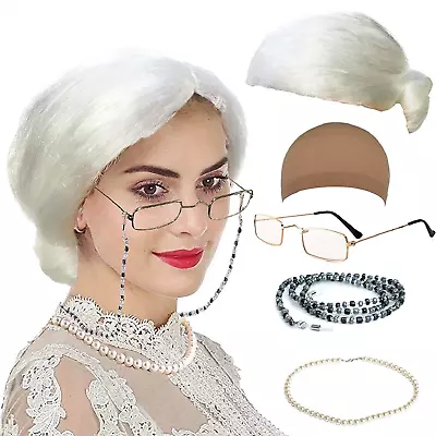 Qnprt Old Lady Costume Characters Set - Old Lady/Mrs. Santa Wig Madea Granny Gl • $15.36