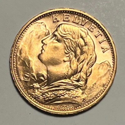 $415 • Buy Switzerland 20 Francs 1949 B - Helvetia Vreneli GOLD KM# 35.2 Uncirculated