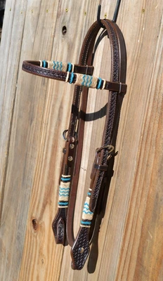 $115.20 • Buy Jose Ortiz Dark Oil Straight Brow Headstall W/Natural & Turquoise Rawhide 