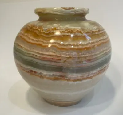 Beautiful Marble Onyx Agate Stone Hand Carved Heavy Banded Green Brown Vase 5  • $48