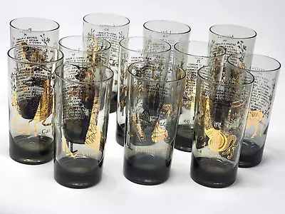 Federal 12 Glasses Zodiac Signs Mid Century Modern MCM 22kt Gold Tumblers Smoke • $159.99