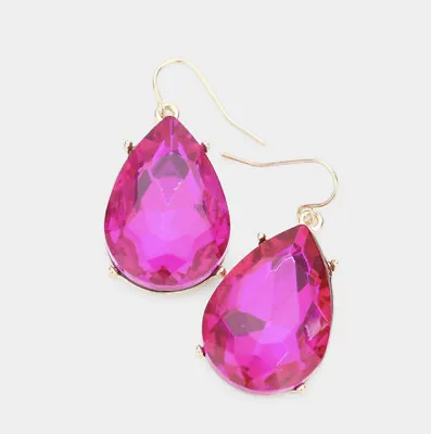 1.7” Drop Long Gold Hot Pink Fuchsia Rhinestone Dangle Crystal Prom Earrings • $13