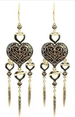 Black Heart Earrings Enamel Chandelier Long • £5