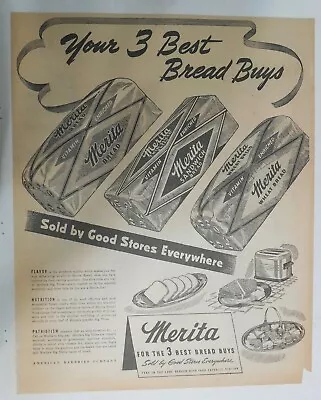 Merita Bread Ad: Your 3 Best Bread Buys ! From 1940's Size: 14 X 18 Inches • $25