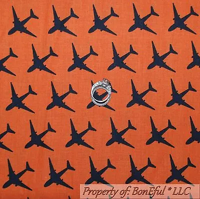 BonEful Fabric FQ Cotton Quilt Orange BLACK Airplane Air Force Men Fly Boy Plane • $8.75