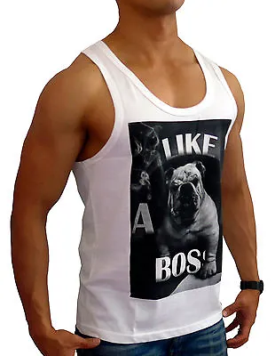 Mens Singlet Comedy Like A Boss Sz S - M Bull Dogs Tank Top Pit Pug Casual • £9.30