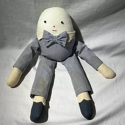 Old Cloth Humpty Dumpty Doll Handmade Vintage Blue Stripe Simple Face Bowtie 14  • $14.98