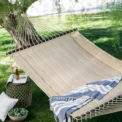2 Person Taupe Twisted Cotton Rope Hammock Oversize Bed Hardwood Spreader Bar • $83.97