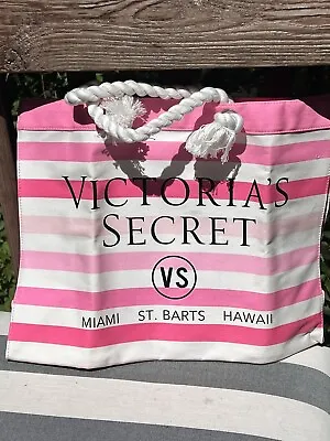 Victoria's Secret Pink & White Stripes Rope Tote Weekender Bag Miami Hawaii NEW • $23.75