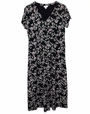 J Jill Womens Maxi Dress Black Pink Floral V Neck Button Front Cottagecore Sz M • $19