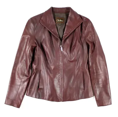 Cole Haan Women's Lambskin Leather Scuba Moto Jacket Deep Berry Red Size 2 • $129.99