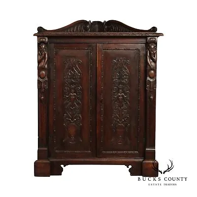19th Century Antique Renaissance Revival Carved Oak Corner Cabinet • $2395