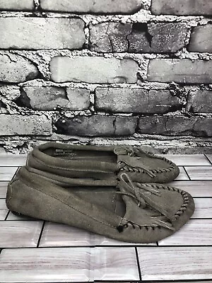 Minnetonka Moccasins Gray Suede Leather Kiltie Lace Slip On Flat Shoes Women 7.5 • $12.71