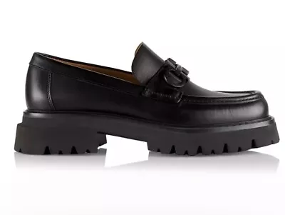 $1090 Salvatore Ferragamo Florian Black Leather Lug Sole Loafers 11EE Large Fit • $545