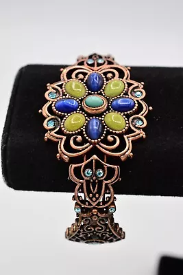 Vintage Cabochon Bracelet Bangle Cuff Blue Green Rhinestone Copper Tone Bin8 • $23.96