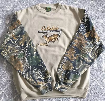 Cabelas Sweatshirt Mens XL Camo Brown Embroidered Deer Logo Crewneck Pullover  • $49.99