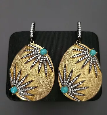 WOW 90s Gold Tone Earrings Rhinestones & Turquoise 2.5  Vintage Runway SIGNED  • $55