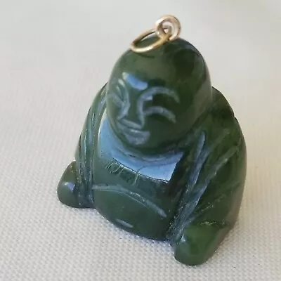 Vintage Carved High Polish Green Jade Buddha Pendant W/ Gold Bale Excellent.  • $45