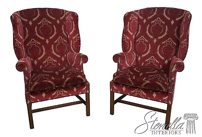 63508EC: Pair TRS Damask Upholstered Chippendale Wing Back Easy Chairs • $2195