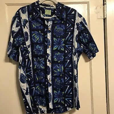 Ui Maikai Men’s L Shirt Hawaiian Blue 1960s Tiki Masks Drums  VTG Button Up • $40