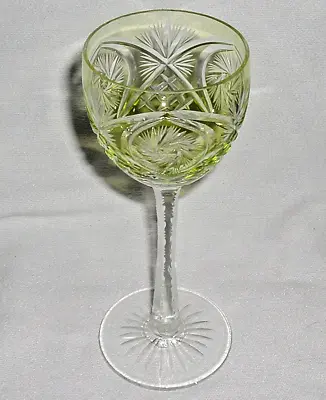 Vintage MCM Bohemian LIME GREEN Cut~Clear Crystal TALL STEM Wine GLASS *Elegance • $32.50