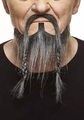 Deluxe Black Grey Mustache Braided Beard Set 3M Viking Self Adhesive Facial Hair • $17.95