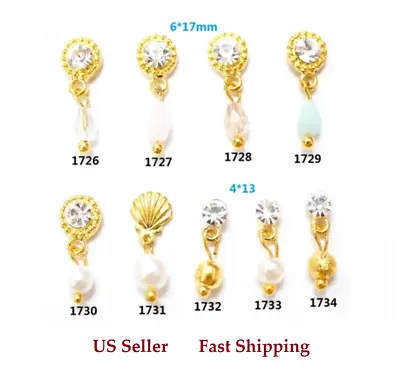 4pc New 3D Gold Shell Pearls Crystal Rhinestones Dangles Pendants Nail Art Decor • $1.60