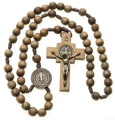 Large St Benedict Rosary Catholic Intercession Beads Brown Wood Cord Men Women • $19