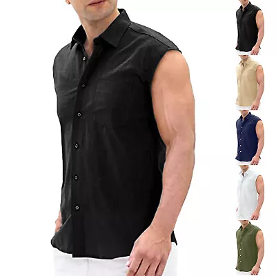 Mens Fashion Casual Cardigan Casual Fashion Sleeveless Button Mens Cotton Shirt • $15.82