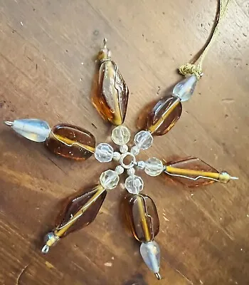 Vintage Iridescent Brown Metal Snowflake Glass & Faceted Bead Ornament Star 5” • $6.99