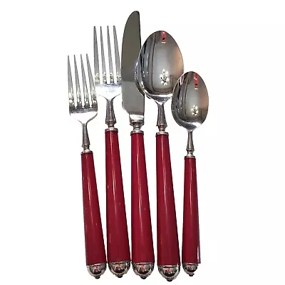 Mikasa Claridge Burgundy RED Stainless Flatware 5 Pc Dinner Salad Fork Teaspoon • $26.99