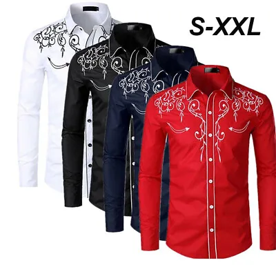 Mens Black Western Cowboy Shirt Long Sleeve Embroidered Vintage/retro Shirts • £13.53