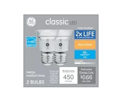 $12.89 • Buy 2-Pack GE Classic 60w EQ LED Par 16 Warm Med. Dimmable Flood Light Bulb 60 Watt