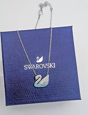 New In Box 5512095 Swarovski Rhodium Blue Crystal Iconic Swan Pendant Necklace • $106.25