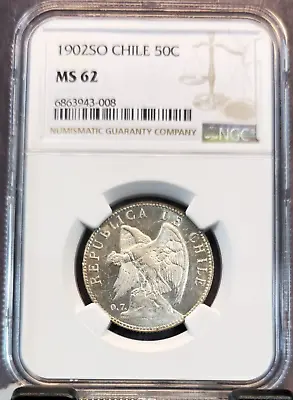 1902 Chile Silver 50 Centavos 50c Defiant Condor Ngc Ms 62 Bright Unc Coin • $149.95