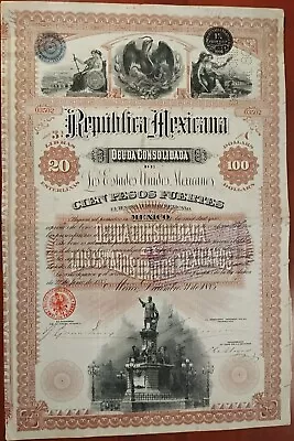 Mexico 1885 Republica Mexicana COLUMBUS 100 Pesos Dollars Bond Loan Share Stock • $200