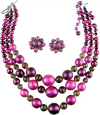 Coro 1950s Vintage Pink Purple 3 Strand Bead Necklace & Clip Earring Set - NOS • $9.99