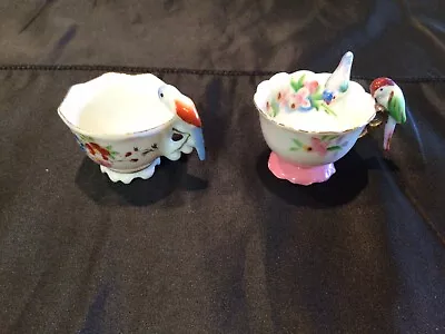 Vtg Mini Porcelain Floral Cup With Birds Parrots On Rim Japan X2 • $22