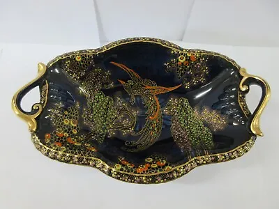 Stunning Crown Devon Fieldings England Lustre Dark Blue Peacock Twin Handle Bowl • $395