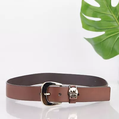 Michael Kors Women's Belt Size Medium Cognac Brown Leather Gold MK Logo Buckle • $35.88