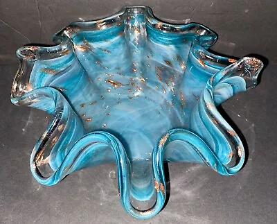 MURANO Large Ruffled Blue Swirl Glass Centerpiece Bowl Gold Sparkle Flecked VTG • $40