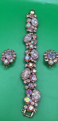 Vintage Pink Carnival Glass Cabochon Juliana Rhinestone Bracelet Earrings Wow • $254.99
